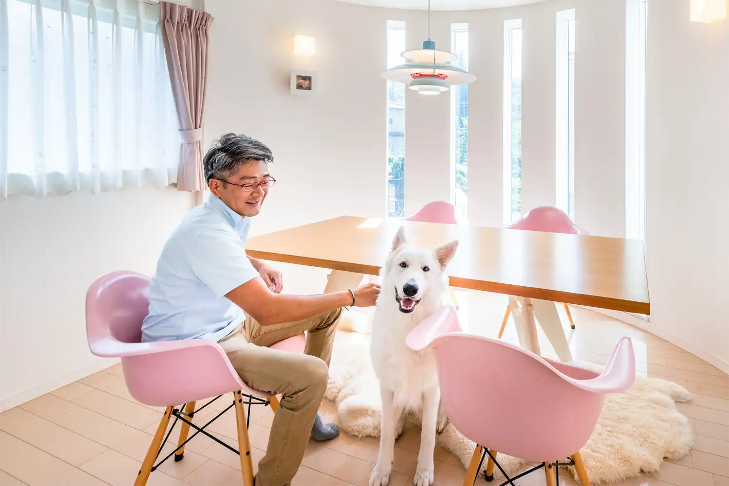 エコモマイについて　男性と白い犬がリビングで過ごしている